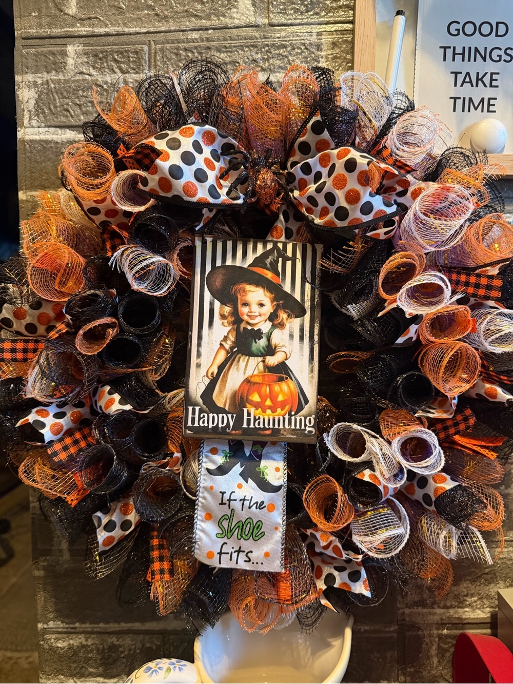 Hand Crafted Halloween Wreath - Orange, Black, White